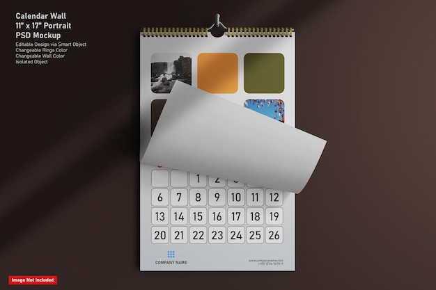 retrato de papel rizado realista colgando alambre encuadernado calendario de pared maqueta editable