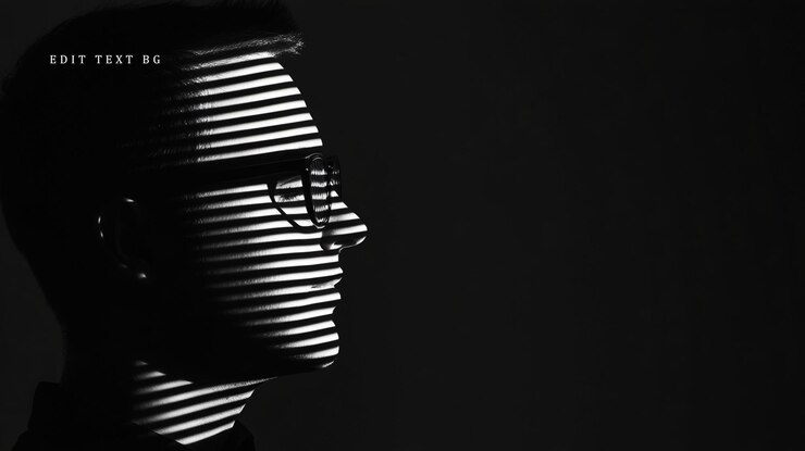 PSD retrato de perfil monocromo de un hombre con gafas parcialmente oscurecidas por persianas
