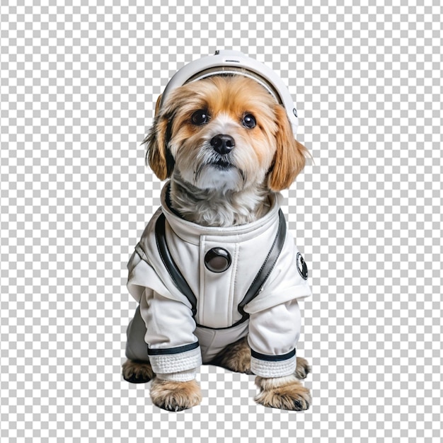 Retrato de perro antropomórfico humanoide con traje blanco de astronauta aislado transparente