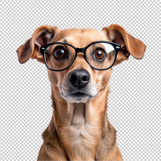 Retrato de un perro con gafas en un fondo transparente