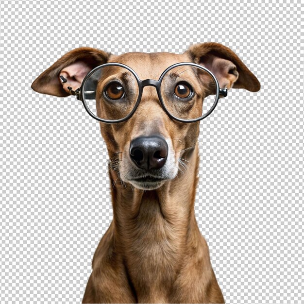 Retrato de un perro con gafas en un fondo transparente