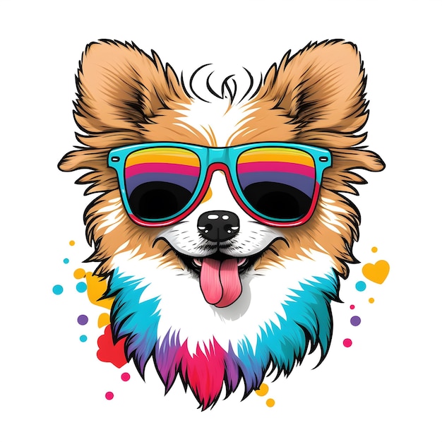 Retrato de un perro con gafas de sol y gafas de sol de arco iris