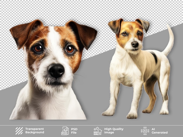 PSD retrato de un perro terrier russell y de pie aislado en un fondo transparente