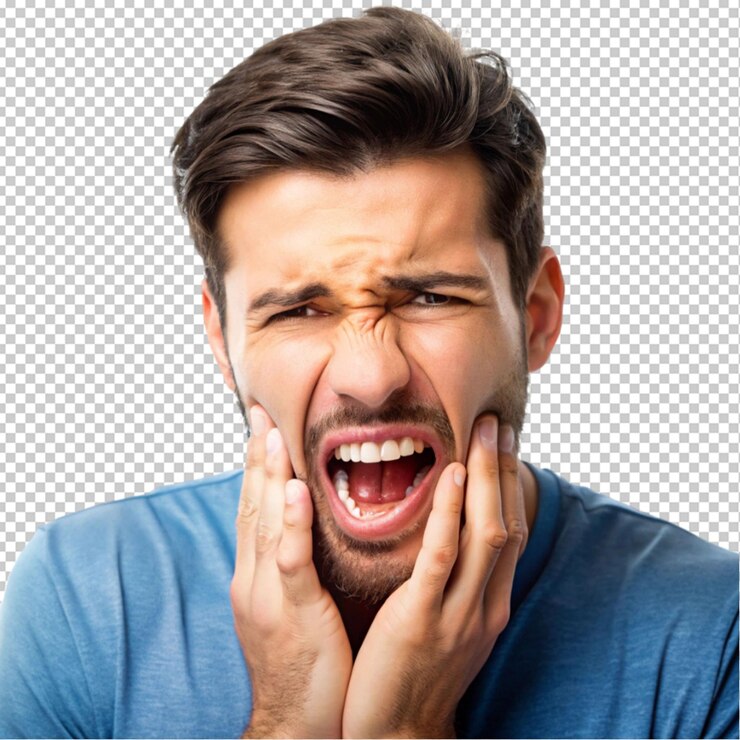 PSD retrato de una persona con dientes doloridos mostrando un fondo transparente del disco