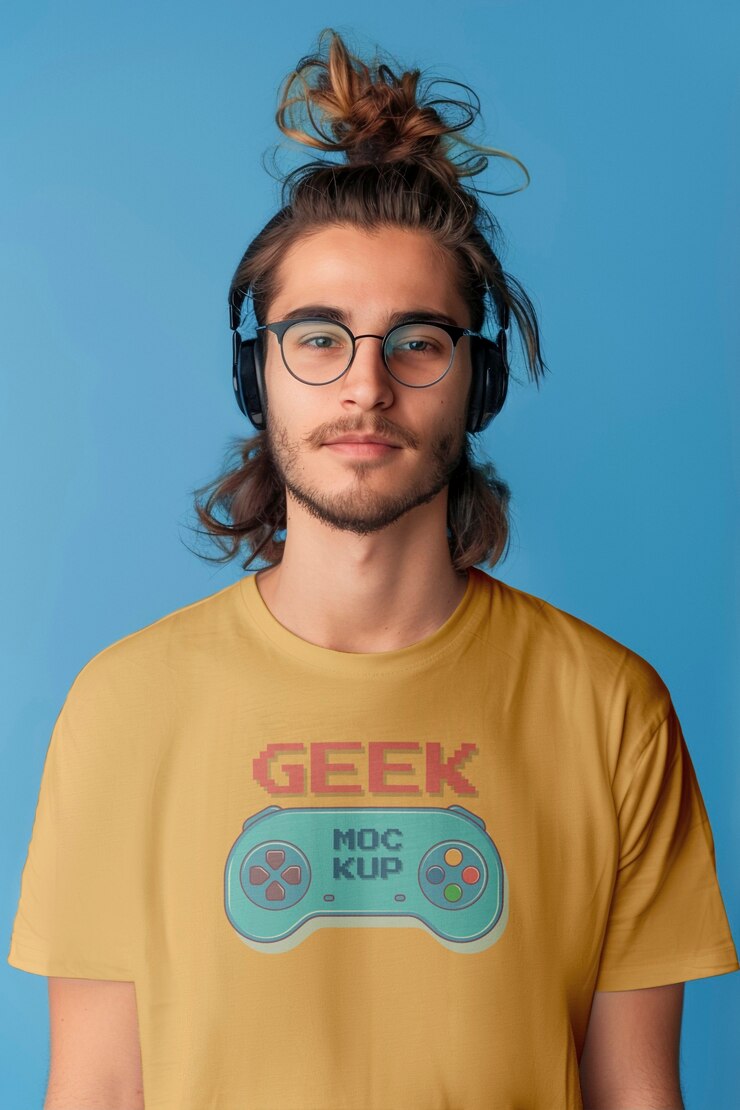 PSD retrato de una persona que lleva una maqueta de la camiseta del día del orgullo geek