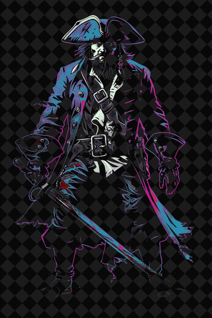 PSD retrato de pirata con sombrero de tricornio y cuchillo de pie con diseños de personajes de ilustración o png