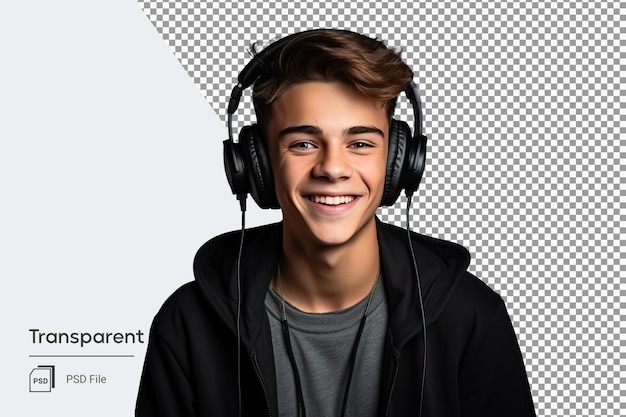 retrato png aislado de un adolescente sonriente con auriculares escuchando música