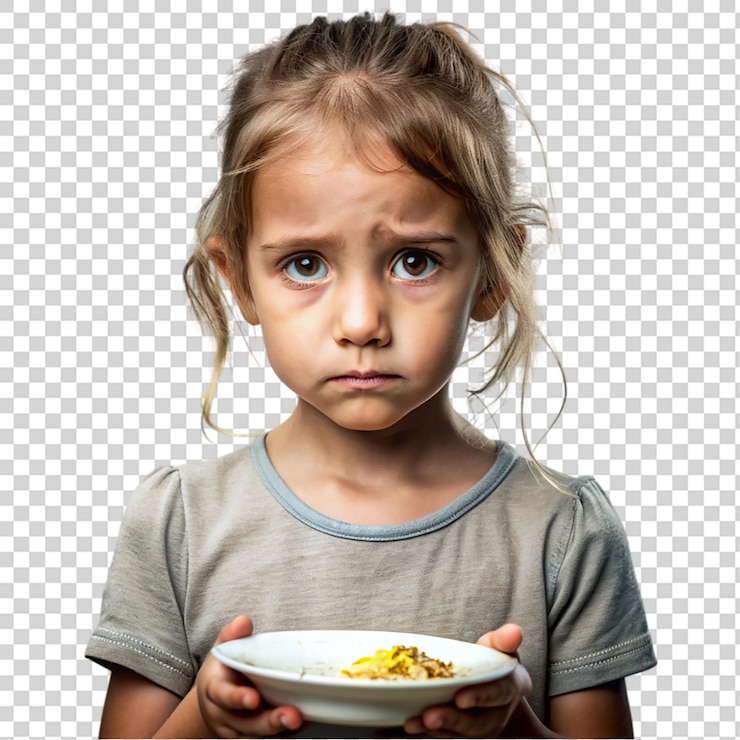 PSD el retrato de la pobre niña hambrienta aislada sobre un fondo transparente