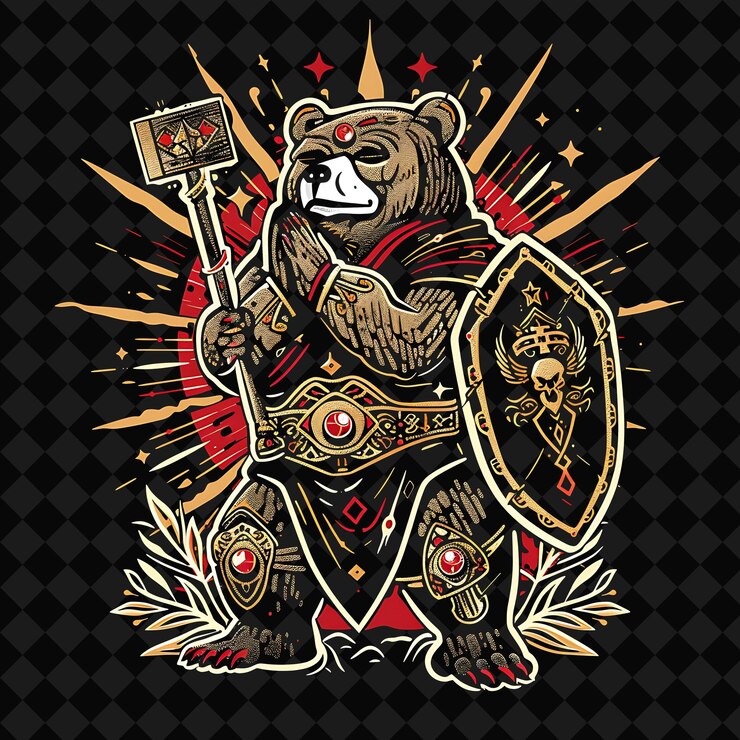 PSD retrato del poderoso cruzado oso marrón blandiendo una maza e ilustración de un personaje animal guerrero