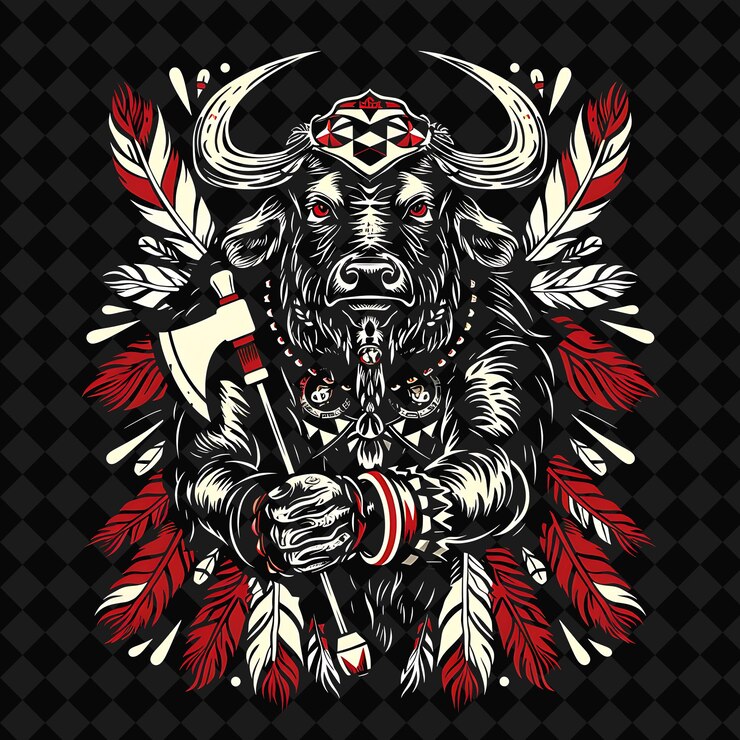 PSD retrato de un poderoso jefe de búfalos sosteniendo un tomahawk con ilustración de un personaje animal guerrero