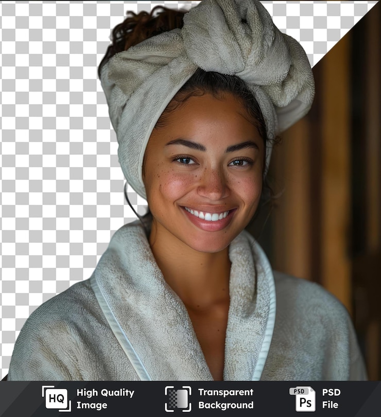 PSD retrato premium de alta calidad de psd de una mujer de raza mixta sonriente con túnica de baño y toalla en la cabeza de pie en el baño