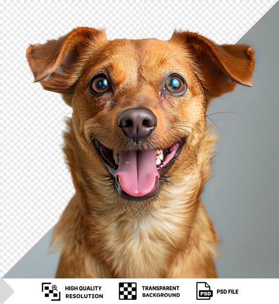 PSD retrato premium de headshot de estúdio de um cachorro de cor castanha de raça mista sorridente com a língua saindo com orelhas floppy olhos azuis e um nariz castanho