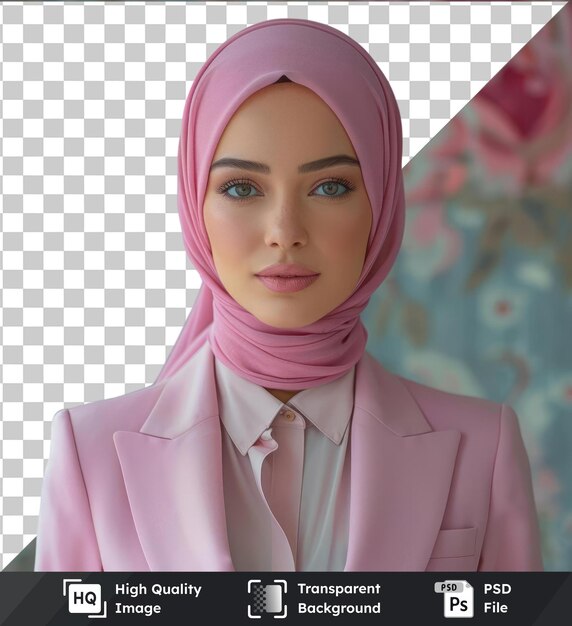 PSD retrato premium de una hermosa modelo musulmana que lleva un elegante traje de oficina rosado con hijab concepto de estilo de belleza de moda