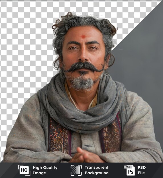 PSD retrato premium de un hombre meditativo con bigote y bufanda gris con características prominentes, incluida una nariz grande, ojos marrones y cabello gris con una mano visible en primer plano