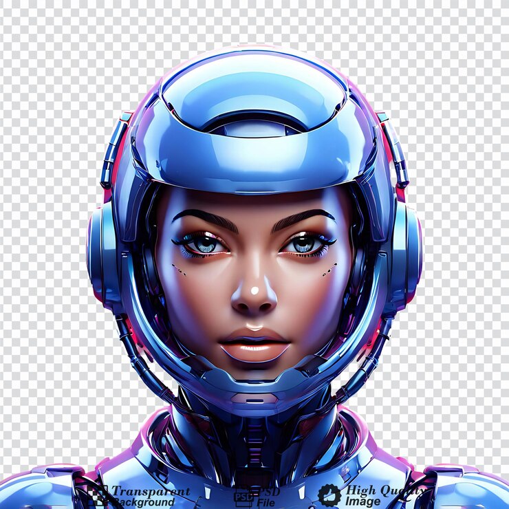 PSD retrato en primer plano de un avatar robot futurista en 3d aislado sobre un fondo transparente