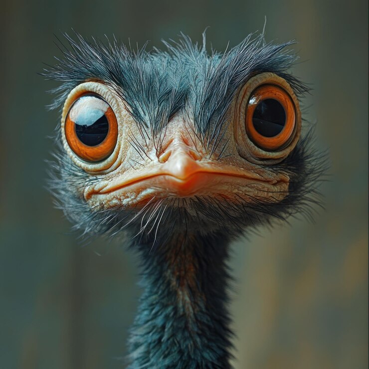 PSD retrato en primer plano de un avestruz con ojos grandes mirando directamente a la cámara
