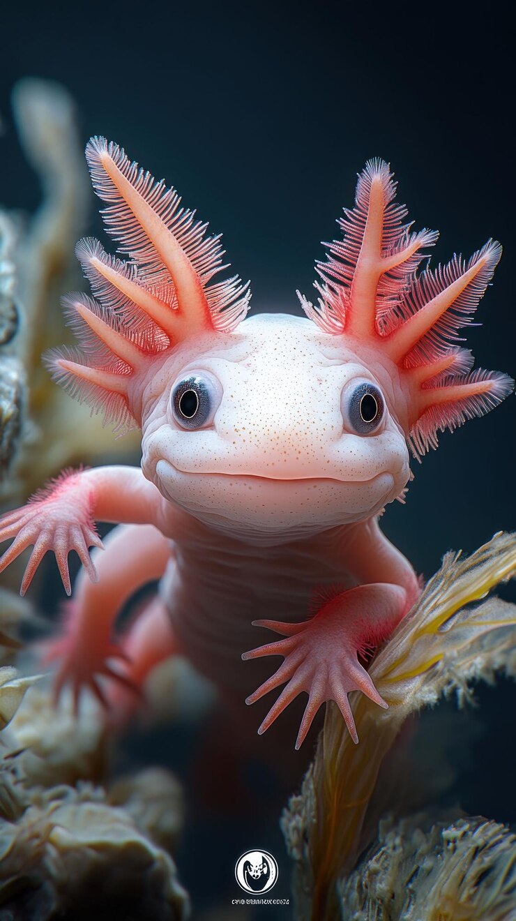 PSD un retrato en primer plano de un axolotl, un tipo de salamandra nativa de méxico, con sus branquias emplumadas y ojos grandes