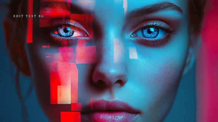 PSD retrato en primer plano de la cara de una mujer joven medio cubierta con un vibrante efecto de fallo digital rojo y azul