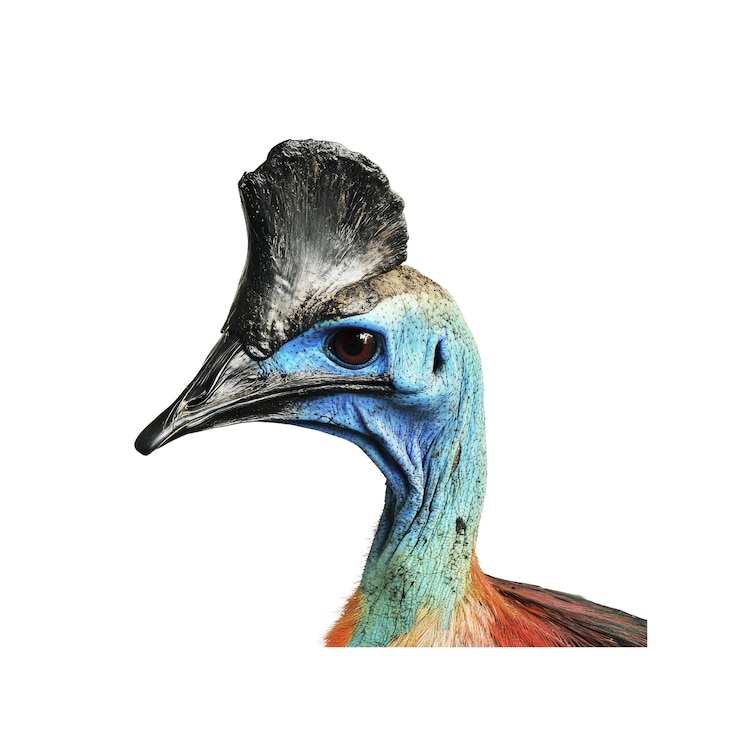 PSD retrato en primer plano de un casuario del sur con un plumaje azul y rojo vibrante