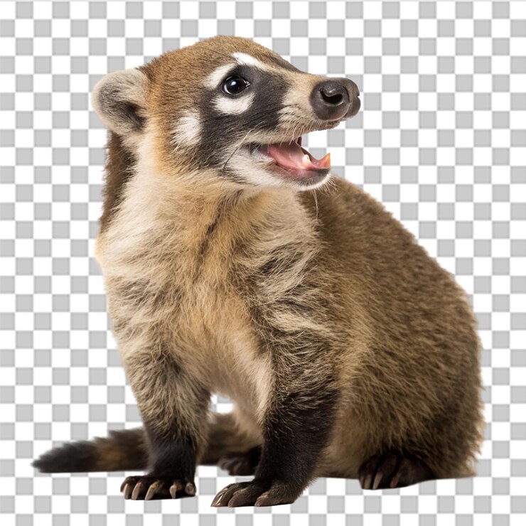 PSD retrato en primer plano de un curioso coati sentado en un fondo transparente