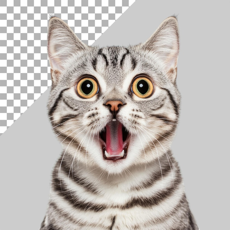 PSD retrato en primer plano de un gato americano de pelo corto con la boca abierta aislado sobre un fondo blanco