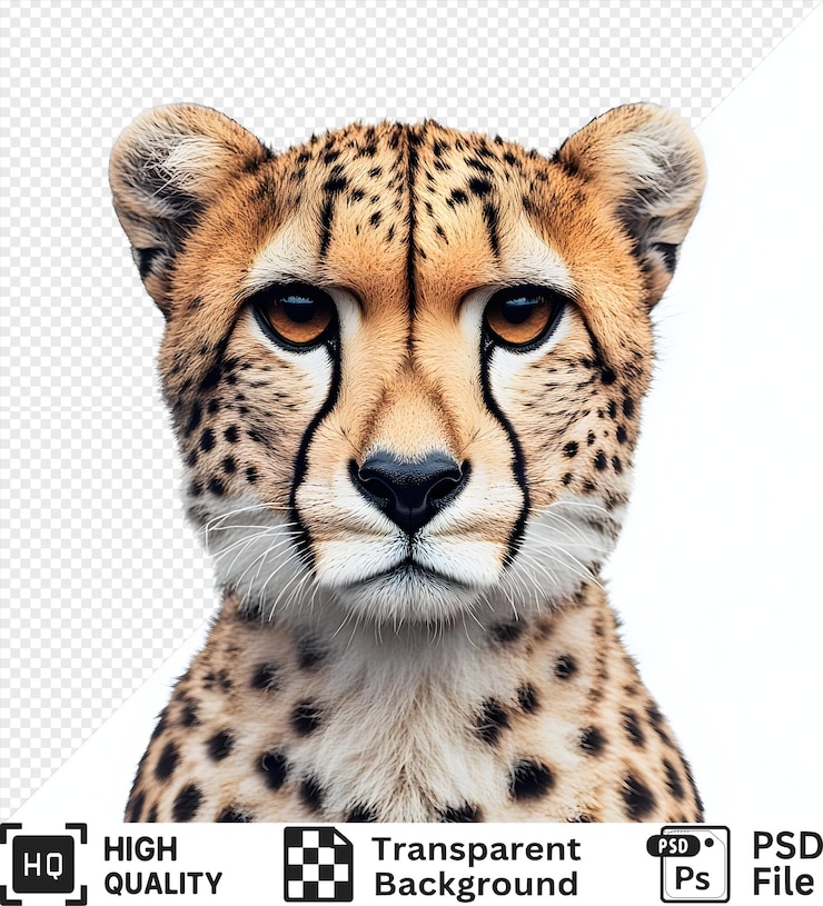 PSD retrato en primer plano de un guepardo con una mirada intensa aislado sobre un fondo transparente