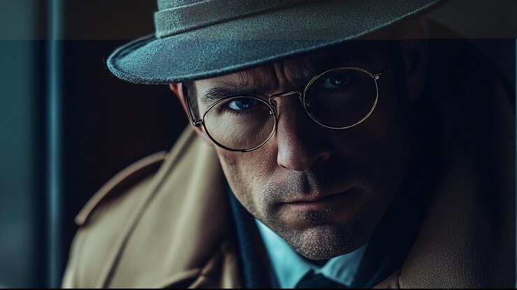 PSD retrato en primer plano de un hombre serio con gafas de fedora y abrigado