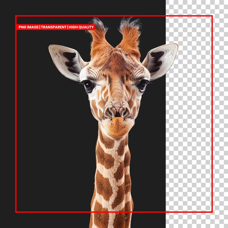 PSD el retrato en primer plano de una jirafa curiosa mirando directamente al fondo de la cámara eliminado