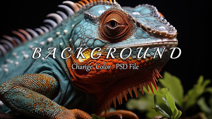 PSD retrato en primer plano de un lagarto colorido con patrones y texturas vibrantes contra un fondo oscuro con un follaje verde exuberante que destaca su hábitat natural