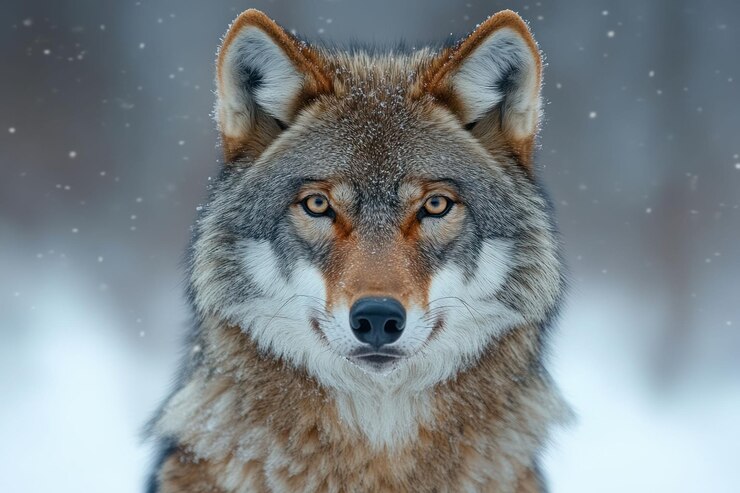 PSD un retrato en primer plano de un lobo en un bosque nevado