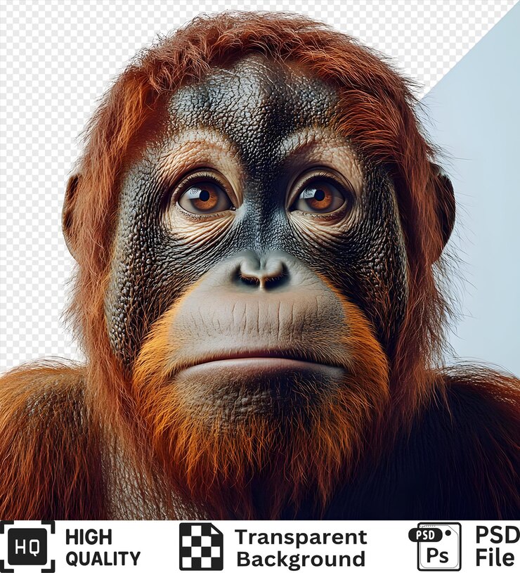 PSD retrato en primer plano de un orangután con una expresión seria aislado sobre un fondo transparente