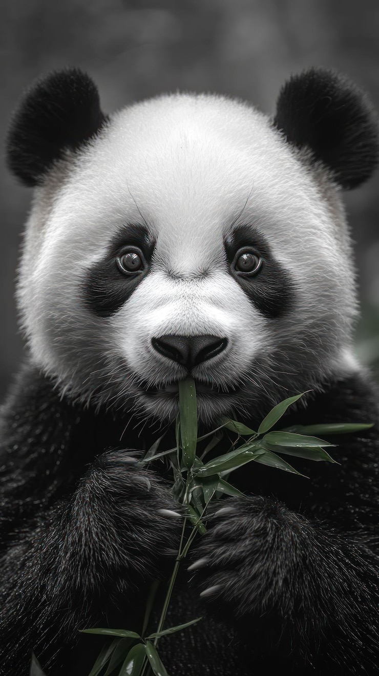 PSD un retrato en primer plano de un oso panda comiendo brotes de bambú el panda tiene un pelaje blanco y negro con grandes ojos negros y su boca está abierta mientras mastica el bambú