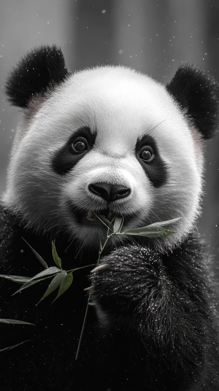 PSD un retrato en primer plano de un oso panda gigante comiendo tallos de bambú en un bosque nevado