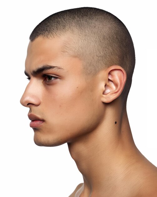 Retrato en primer plano que muestra a un hombre joven con el peinado Buzz Cut aislado sobre un fondo transparente sólido