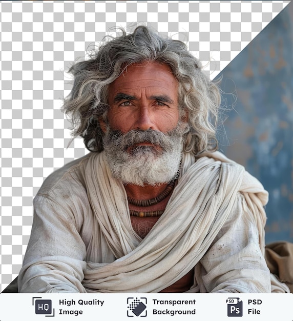 Retrato de psd de alta calidad de un hombre meditativo con bigote y barba gris que lleva un collar marrón de pie frente a una pared azul sus características incluyen una gran nariz marrón