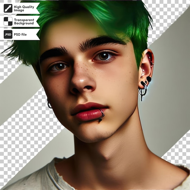 Retrato psd de um homem com cabelo verde em fundo transparente com camada de máscara editável