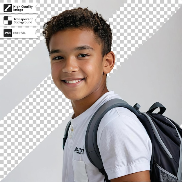 Retrato PSD de um menino sorridente com bolsa escolar em fundo transparente com camada de máscara editável