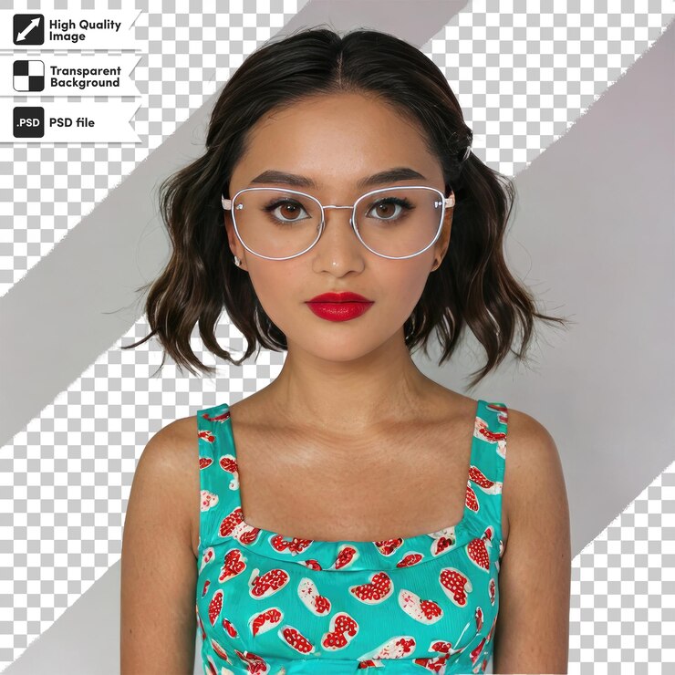 PSD retrato psd de uma mulher com óculos em fundo transparente com camada de máscara editável
