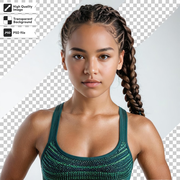 PSD retrato psd de uma mulher com roupas esportivas de fitness em fundo transparente com máscara editável