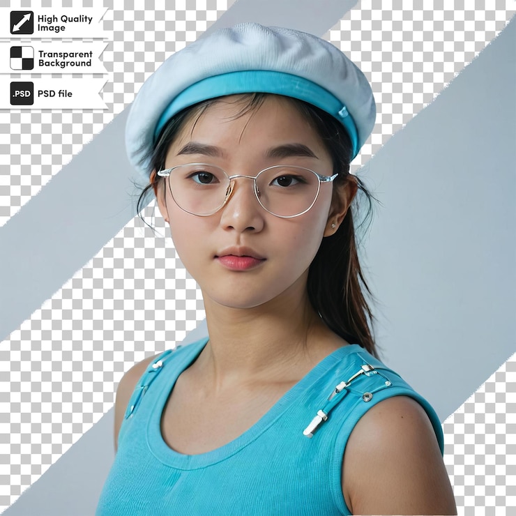 PSD retrato psd de uma mulher usando óculos e chapéu em fundo transparente com camada de máscara editável