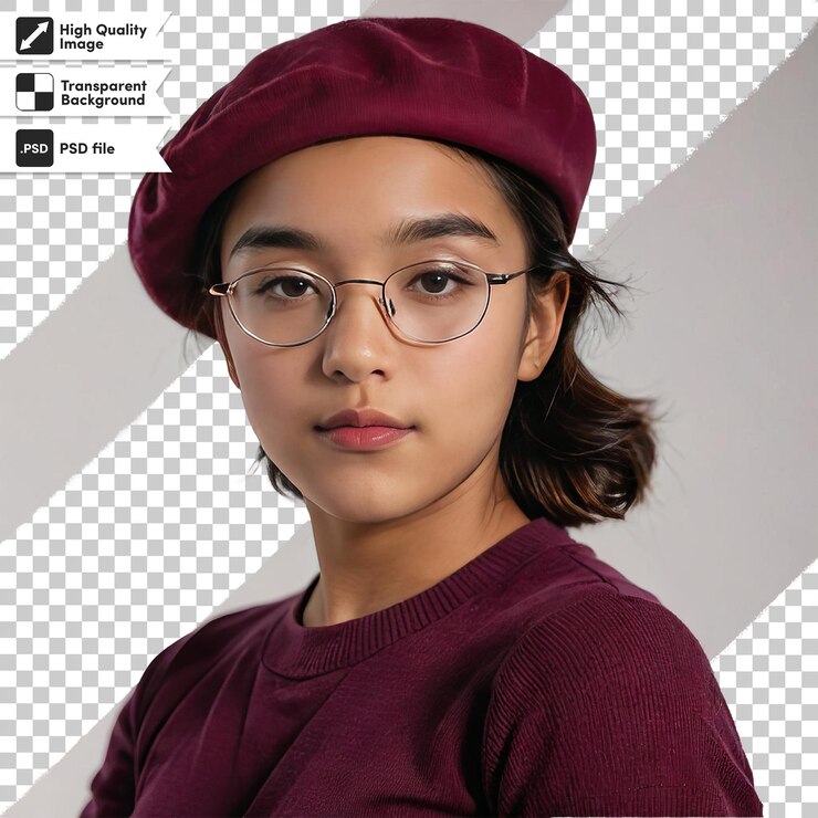PSD retrato psd de uma mulher usando óculos e chapéu em fundo transparente com camada de máscara editável