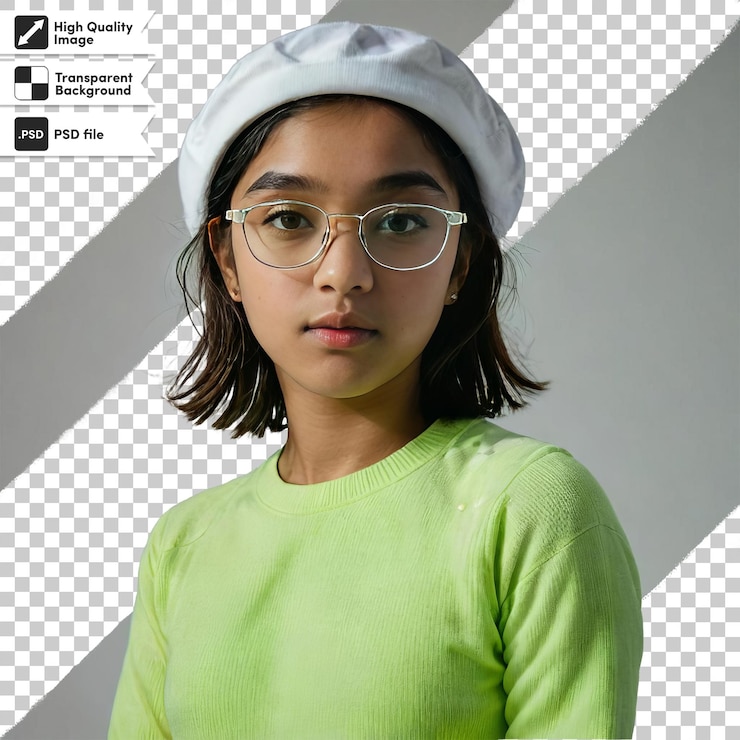 PSD retrato psd de uma mulher usando óculos e chapéu em fundo transparente com camada de máscara editável