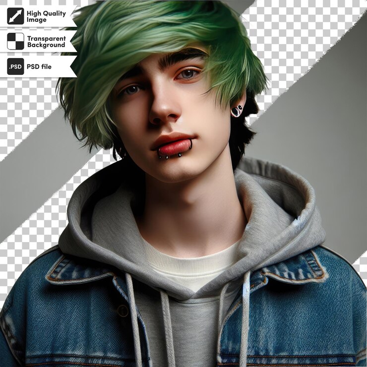 PSD retrato psd de un hombre con cabello verde sobre un fondo transparente con capa de máscara editable