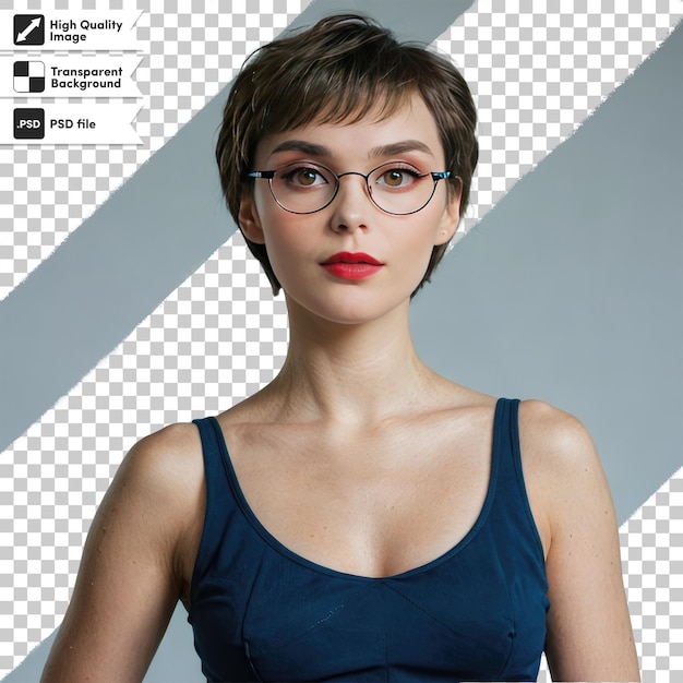 Retrato psd de una mujer con gafas en fondo transparente con capa de máscara editable