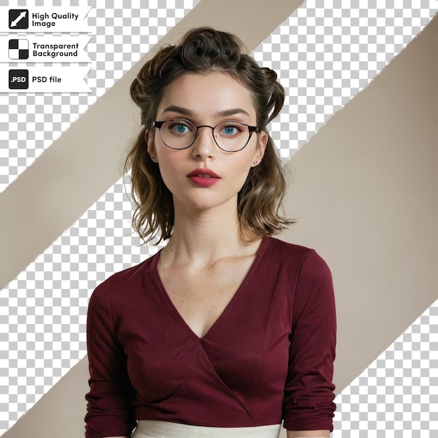 Retrato psd de una mujer con gafas en fondo transparente con capa de máscara editable