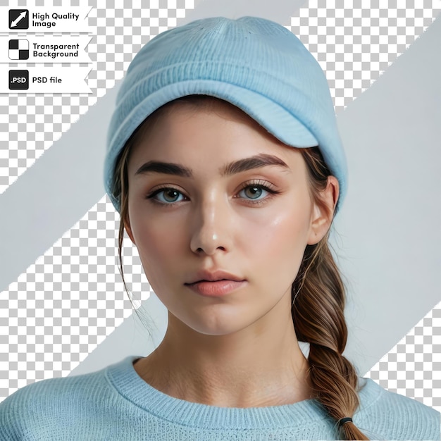 Retrato psd de una mujer con gorra de invierno en fondo transparente con capa de máscara editable