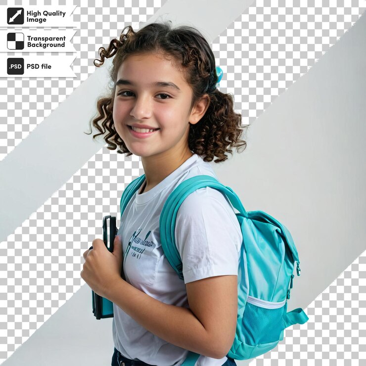 PSD retrato psd de un niño sonriente con bolsa escolar en un fondo transparente con capa de máscara editable