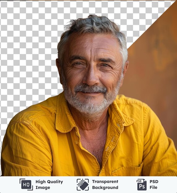 PSD retrato de psd premium de alta calidad de un hombre encantador maduro verdadero jefe sentir emociones de contenido usar camisa amarilla con barba gris y cabello de pie frente a una pared naranja sus características incluyen un gran