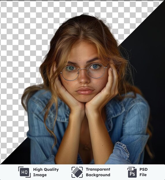 Retrato de psd transparente de alta calidad de una estudiante con gafas vestida con una camisa de vaqueros de moda se preocupa por algo nerviosa se muerde las uñas esperando los resultados del examen