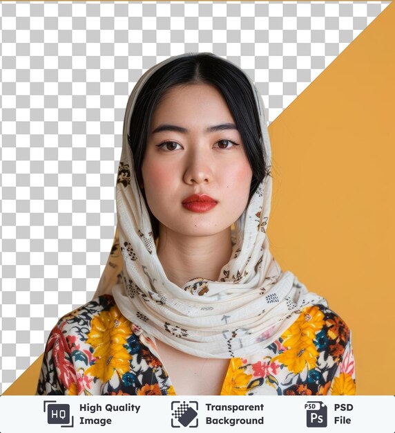 PSD retrato de psd transparente de alta calidad de una joven asiática posando frente a una pared naranja y amarilla con una bufanda blanca y mostrando sus ojos marrones nariz y ceja negra